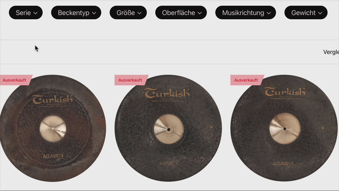 Turkish Cymbals Finder – Serie, Typ, Größe, Oberfläche, Musikrichtung und Gewicht zur Auswahl.